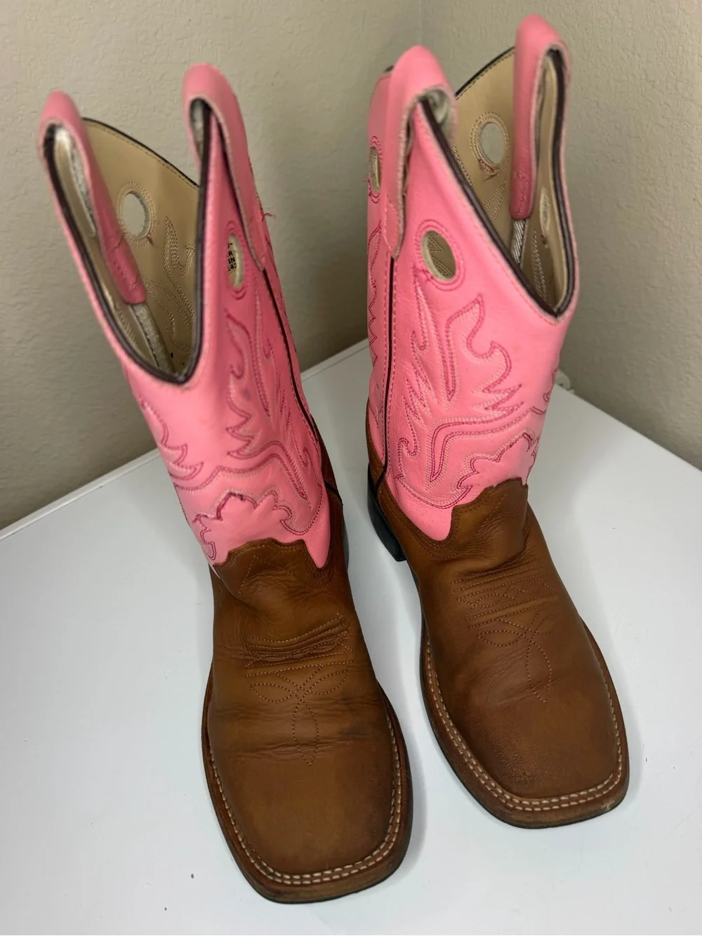 Shyanne Girls Western Cowboy Boots Pink Brown Square Toe Leather Size 2D